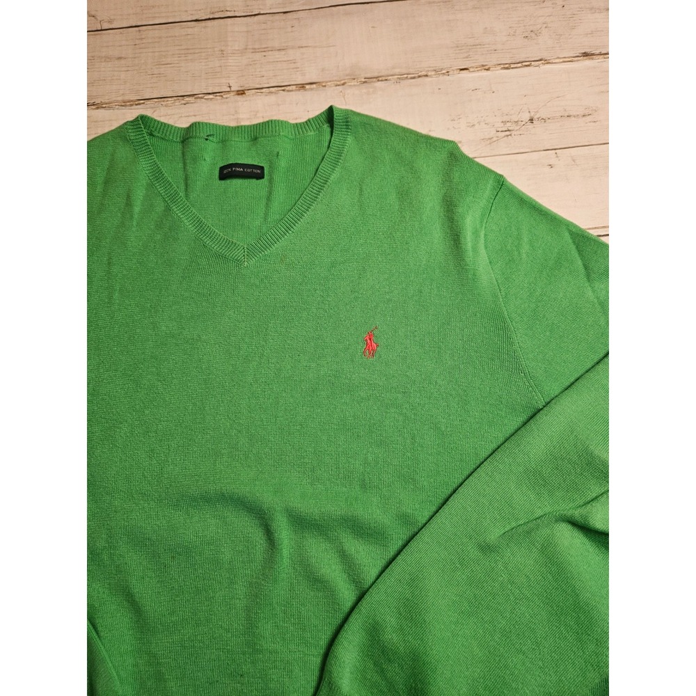 Polo Ralph Lauren Green V-Neck Sweater 100% Pima Cotton Pink Pony Mens Large